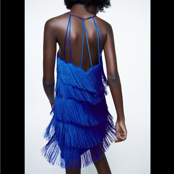 ZARA - Fringed Cobalt Blue Mini Dress - Picture 6 of 14